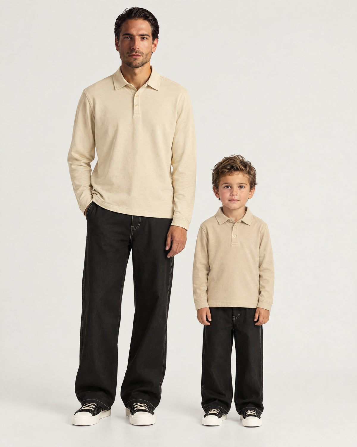 Romimi Mercerized Long Sleeve Polo in Beige, father and son