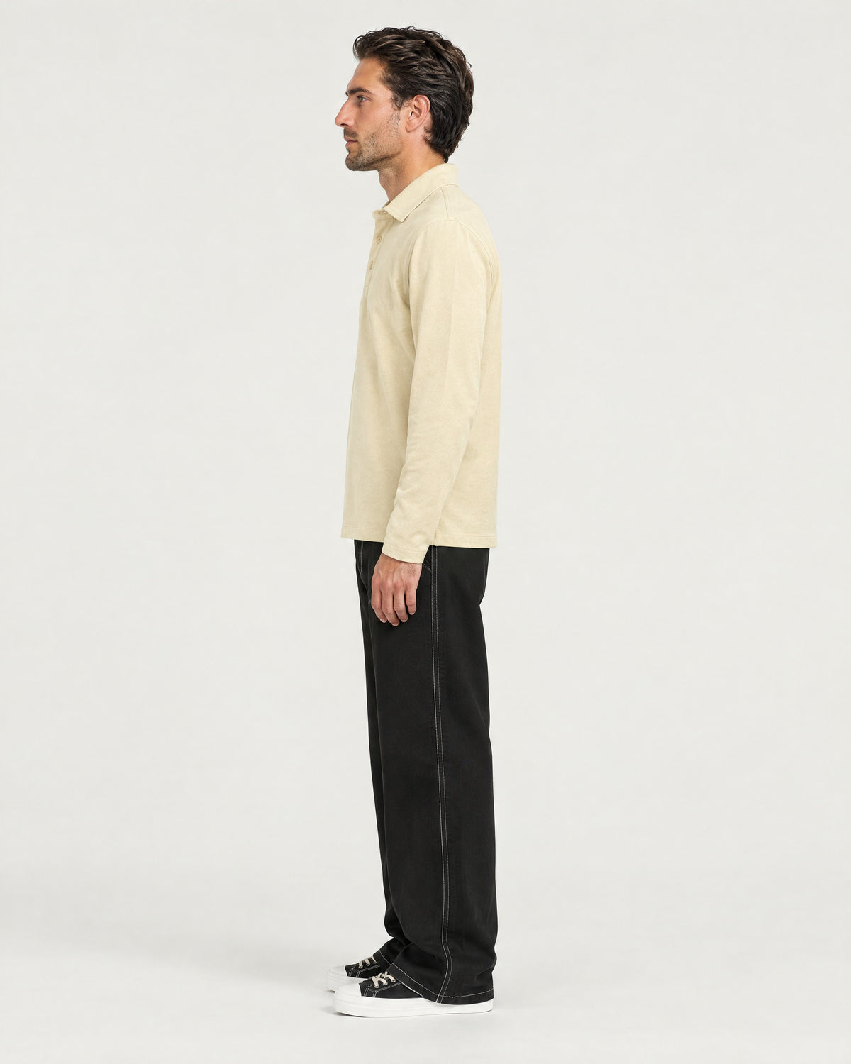 Romimi Mercerized Long Sleeve Polo in Beige, side view, worn