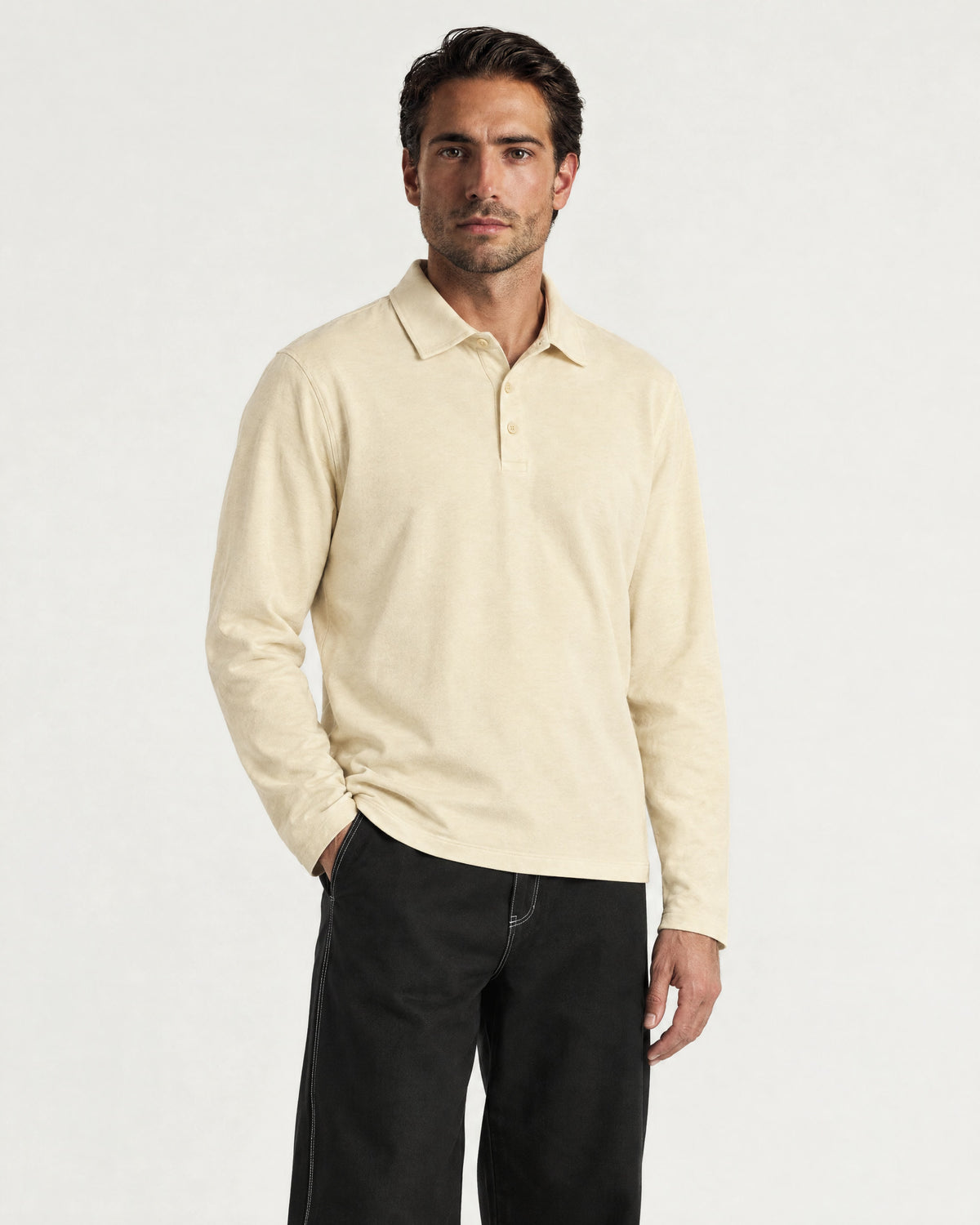 Romimi Mercerized Long Sleeve Polo in Beige, worn