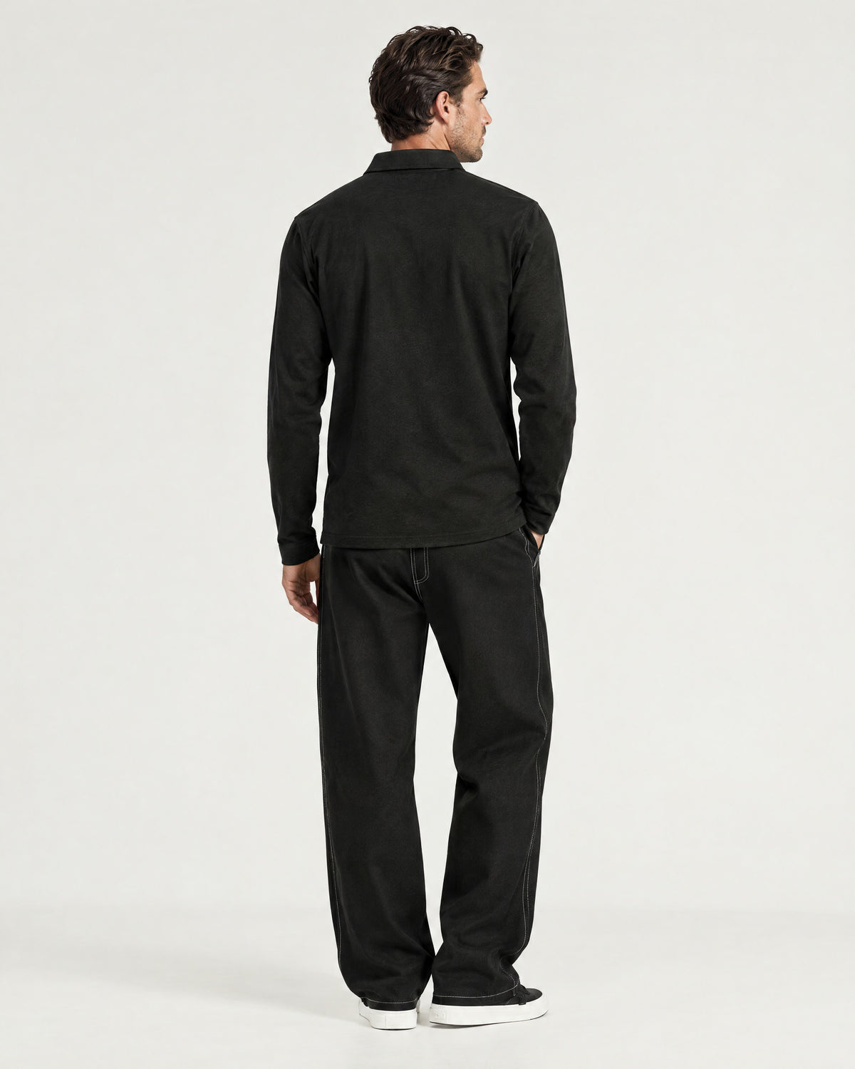 Romimi Mercerized Long Sleeve Polo in Black, back view, worn