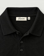 Romimi Mercerized Long Sleeve Polo in Black, label close-up