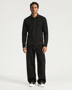 Polo manches longues mercerisé - Noir - Adulte