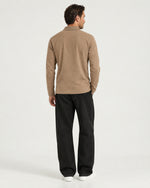 Romimi Mercerized Long Sleeve Polo in Camel, back view, worn