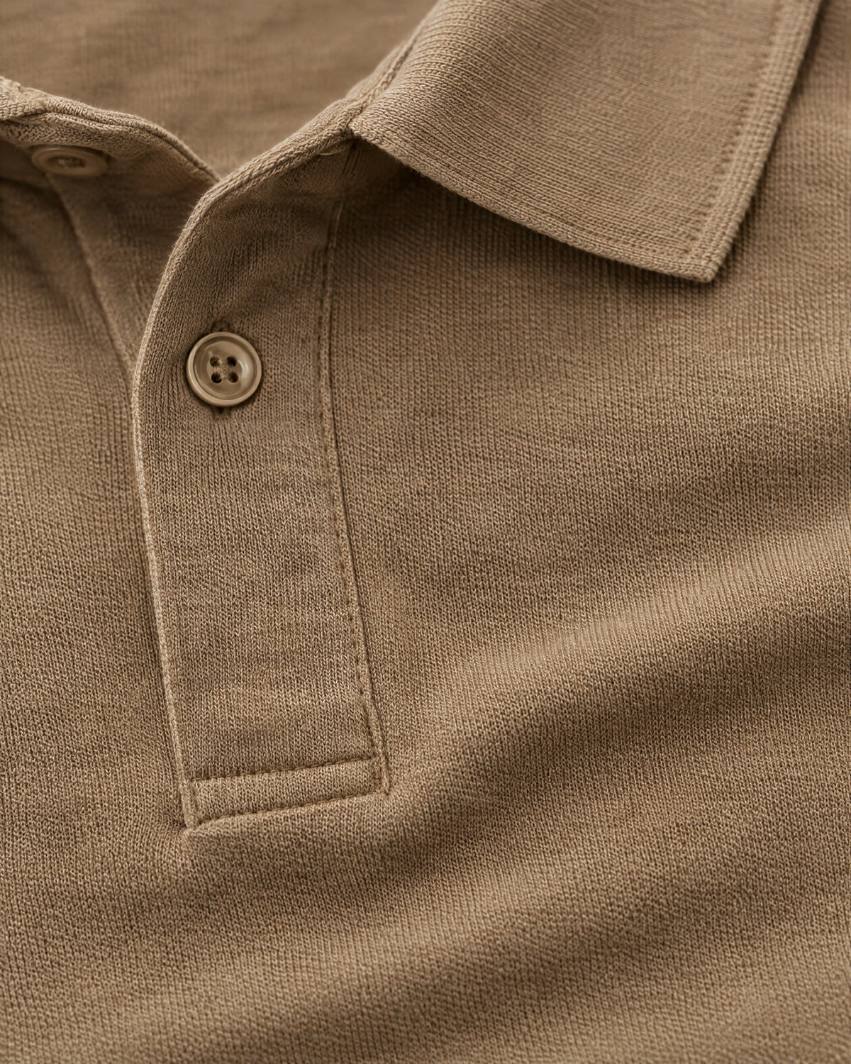Romimi Mercerized Long Sleeve Polo in Camel, fabric close-up