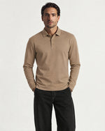Romimi Mercerized Long Sleeve Polo in Camel, worn