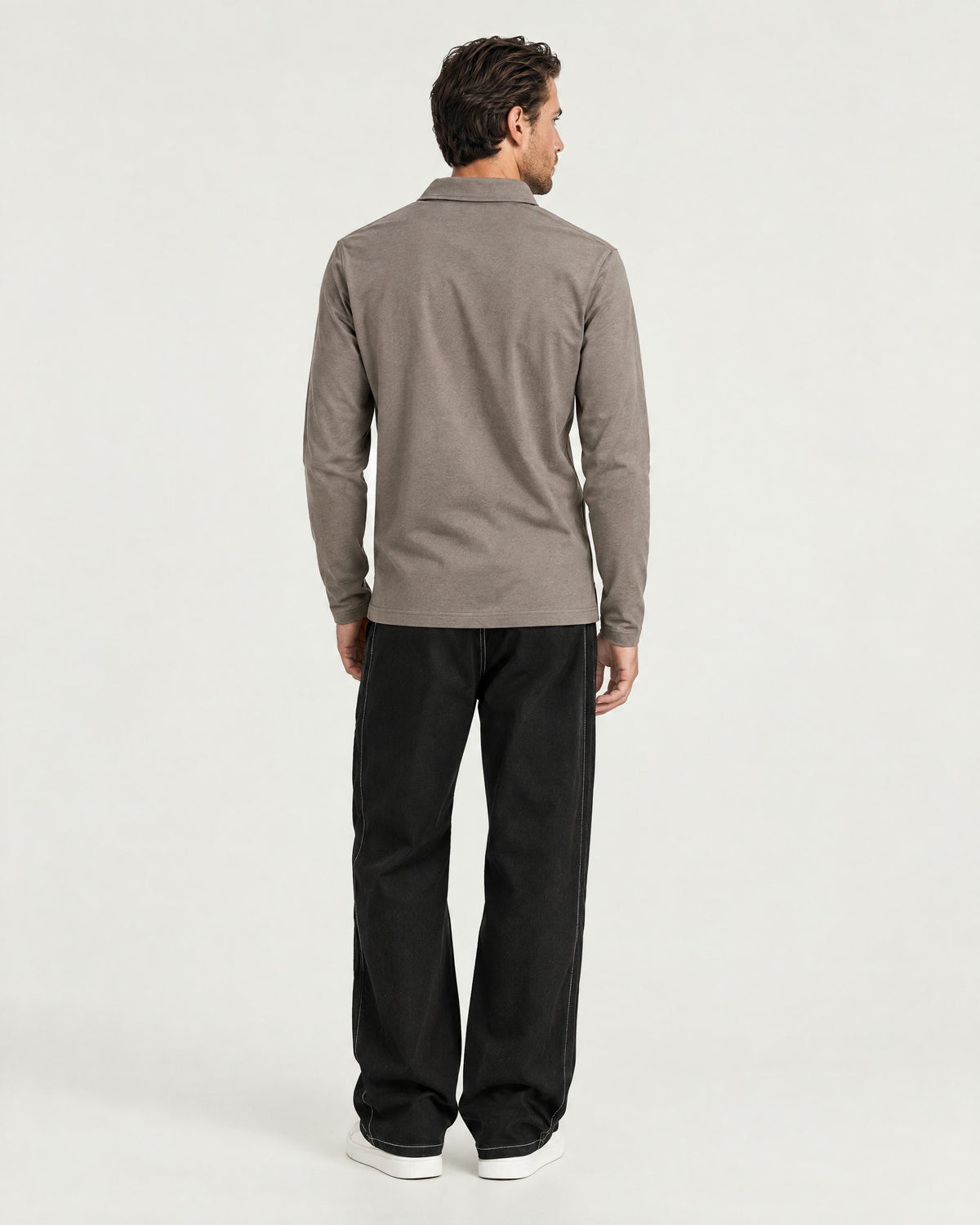 Romimi Mercerized Long Sleeve Polo in Grey, back view, worn