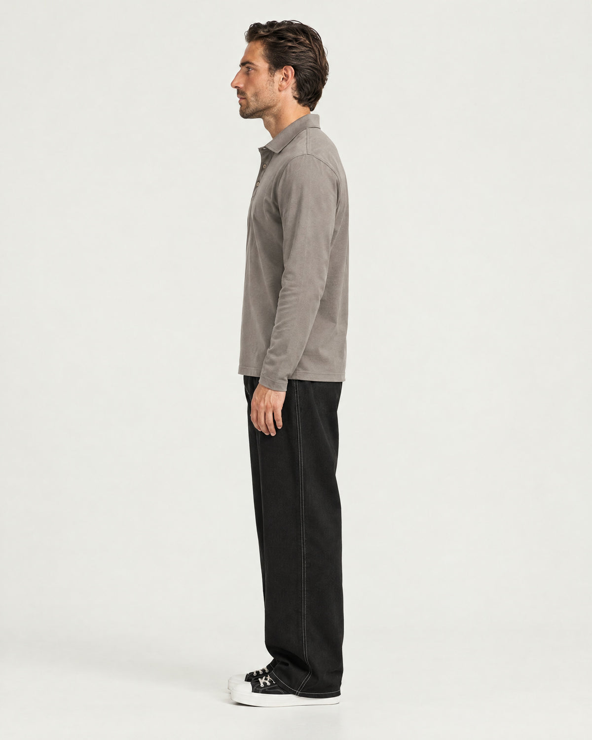 Romimi Mercerized Long Sleeve Polo in Grey, side view, worn