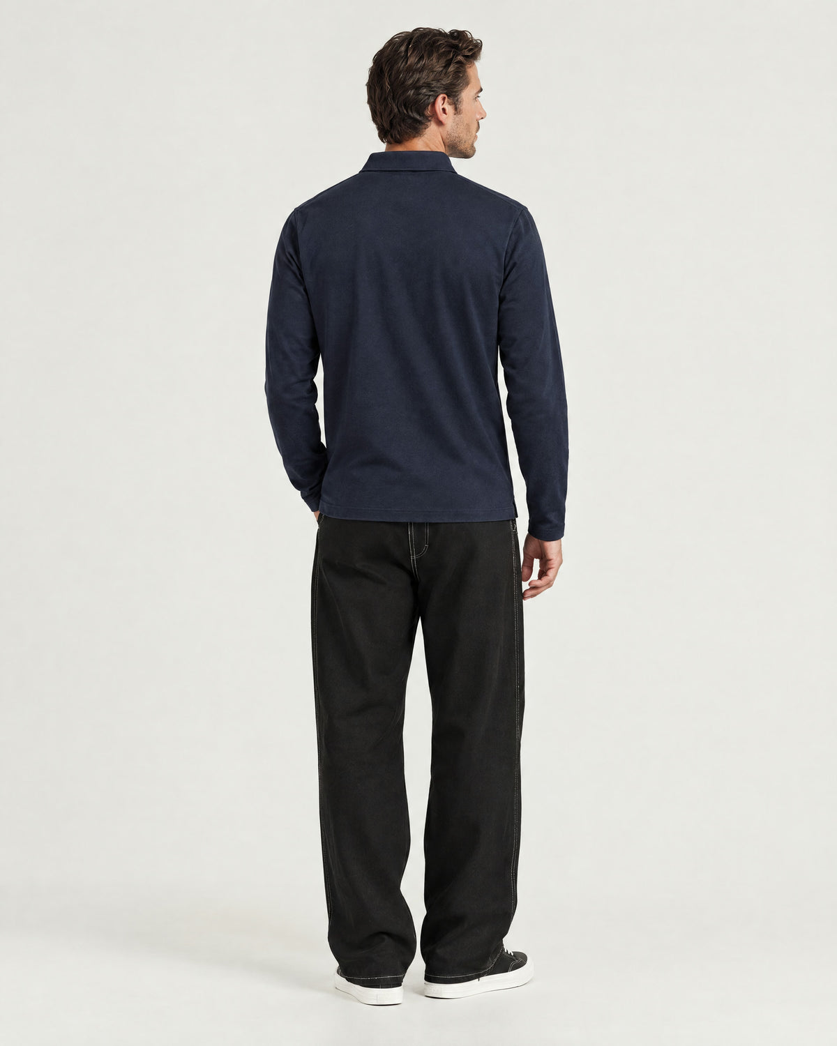 Romimi Mercerized Long Sleeve Polo in Navy, back view, worn