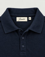 Romimi Mercerized Long Sleeve Polo in Navy, label close-up