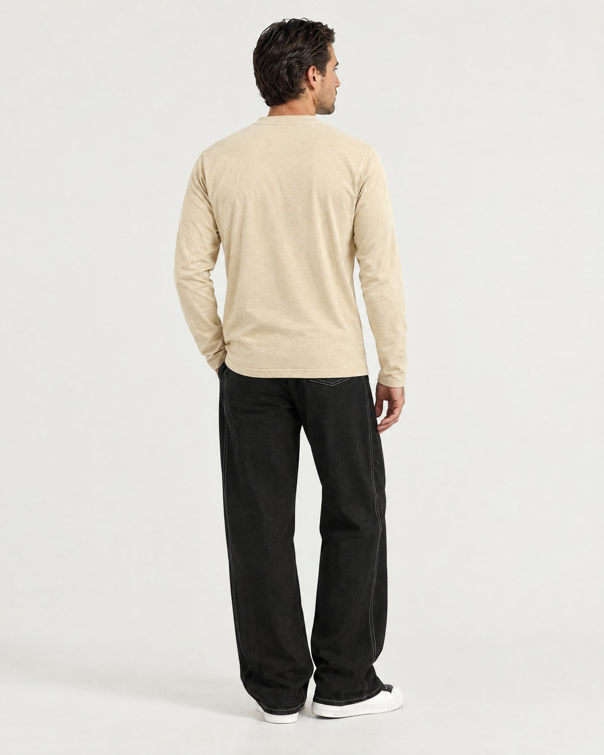 Romimi Mercerized Long Sleeve Tee in Beige, back view, worn