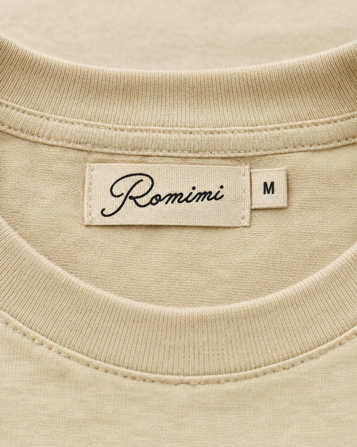 Romimi Mercerized Long Sleeve Tee in Beige, label close-up