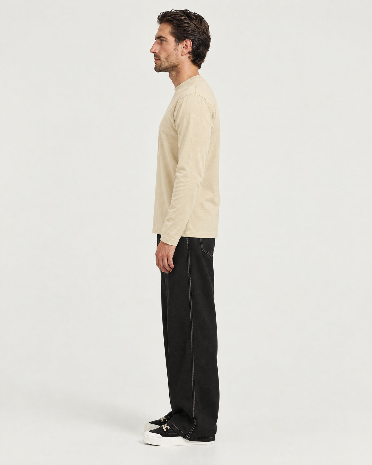 Romimi Mercerized Long Sleeve Tee in Beige, side view, worn