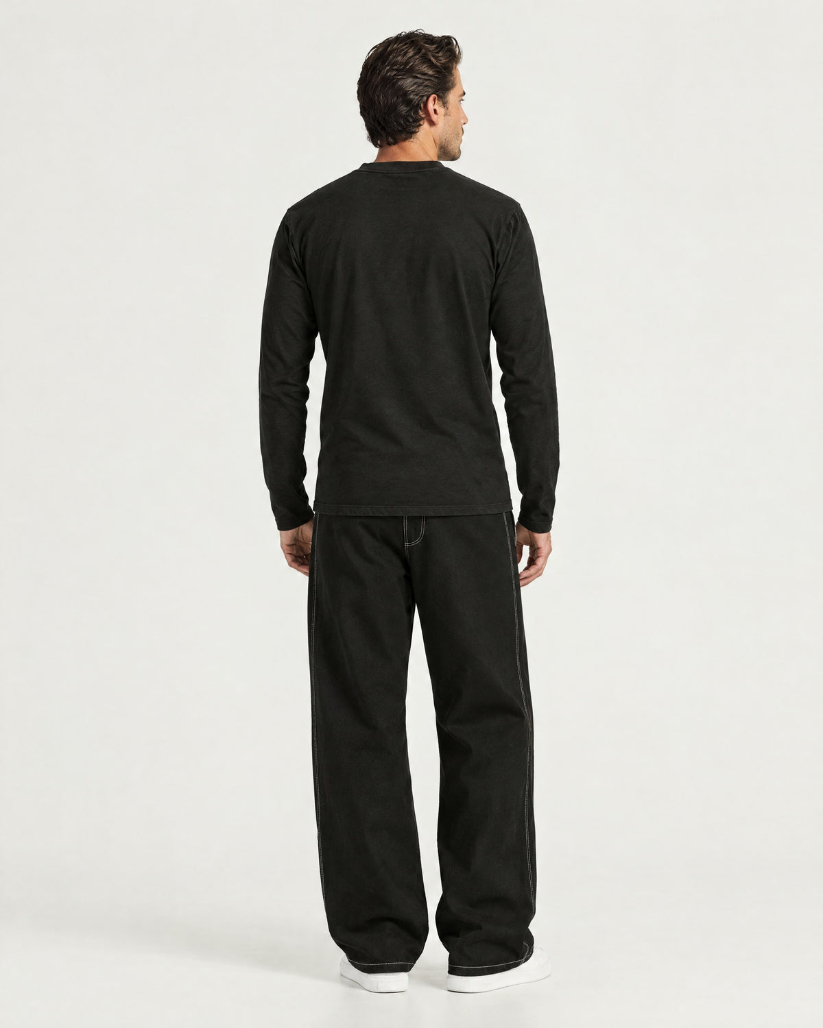 Romimi Mercerized Long Sleeve Tee in Black, back view, worn