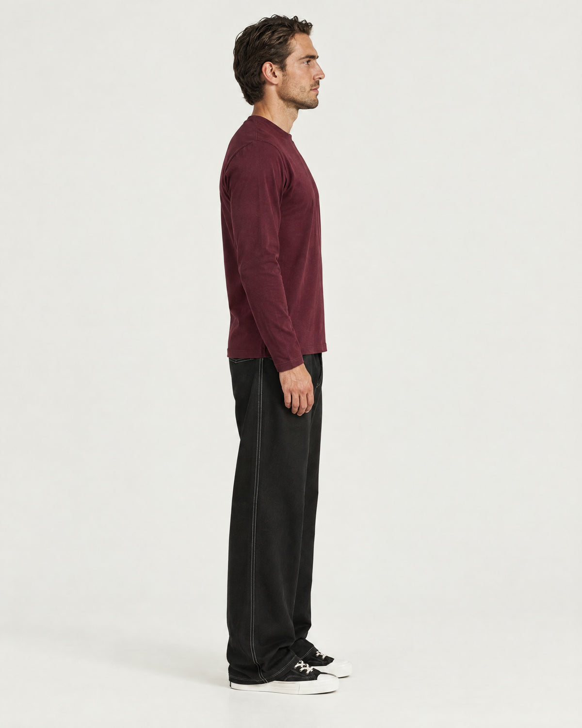 Romimi Mercerized Long Sleeve Tee in Burgundy, side view, worn
