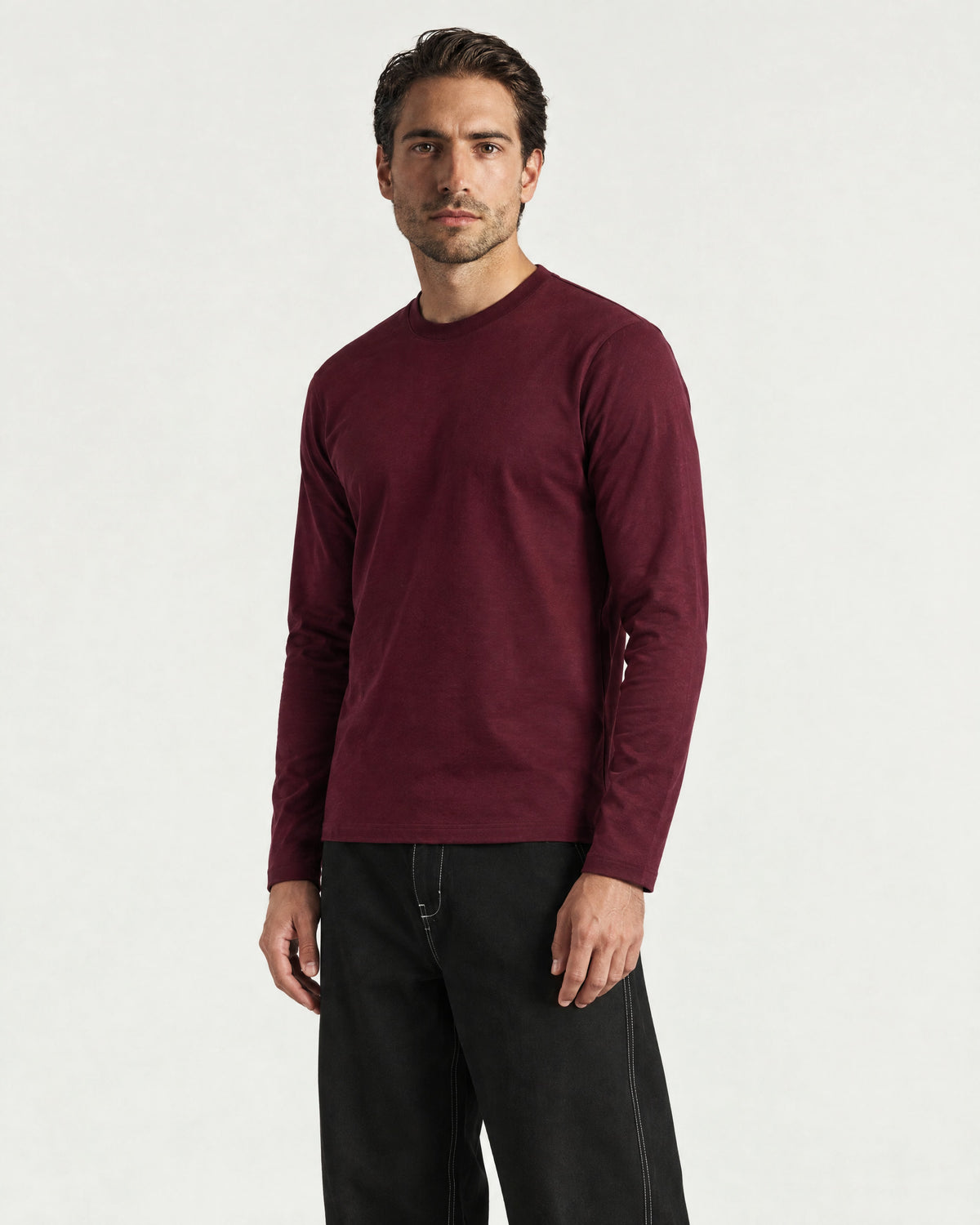 Romimi Mercerized Long Sleeve Tee in Burgundy, worn