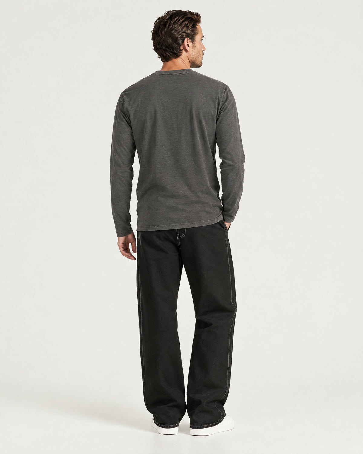 Romimi Mercerized Long Sleeve Tee in Charcoal, back view, worn