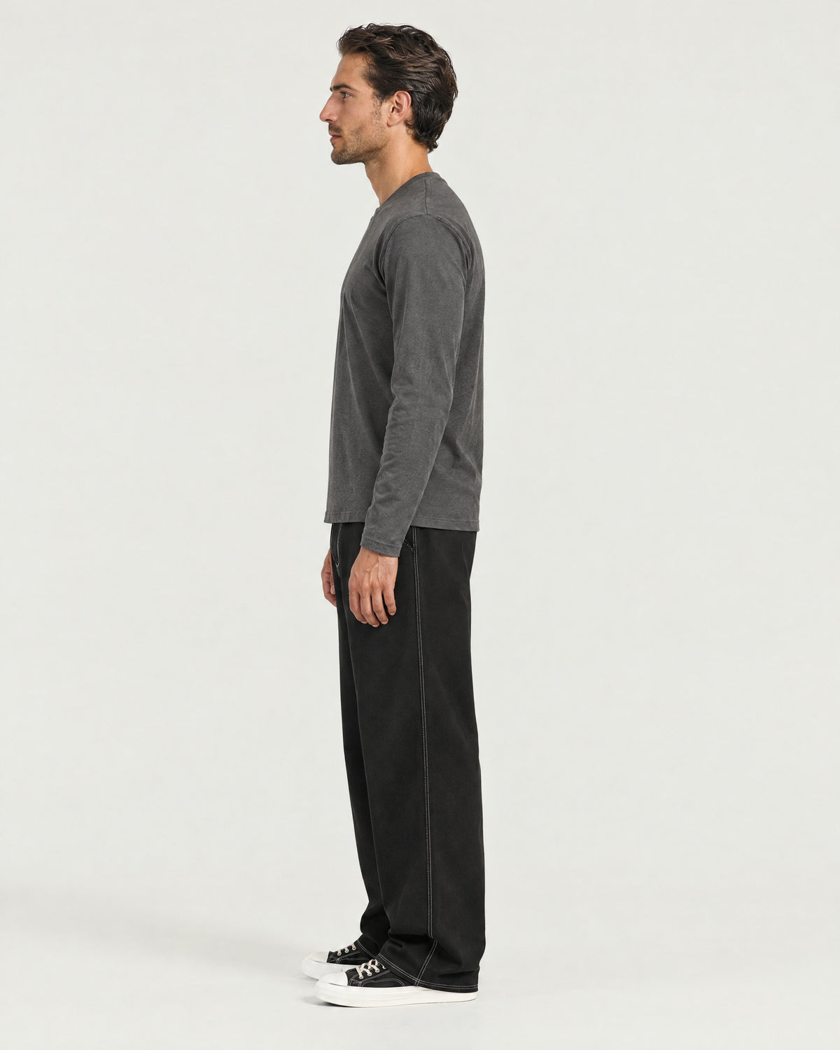 Romimi Mercerized Long Sleeve Tee in Charcoal, side view, worn