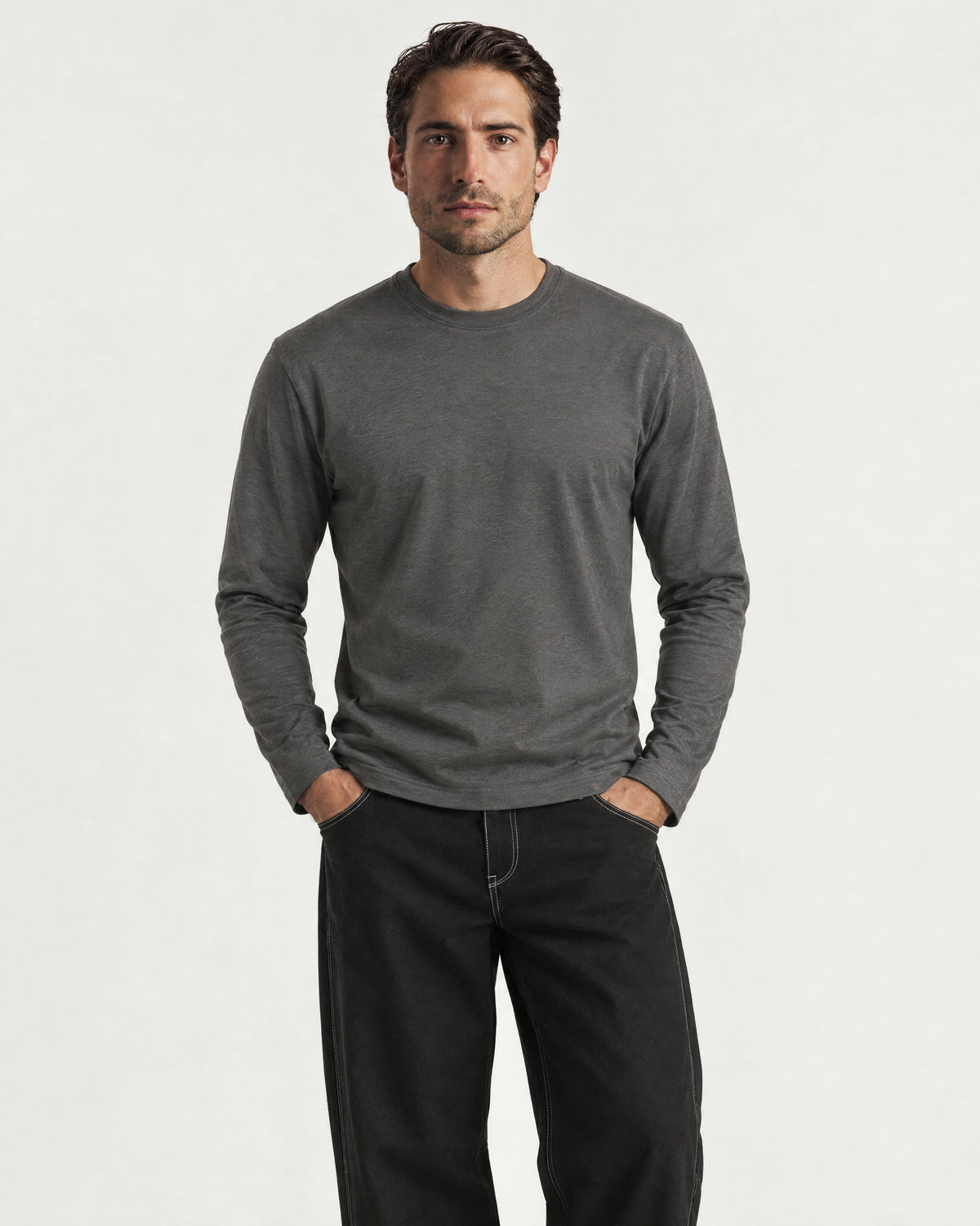 Romimi Mercerized Long Sleeve Tee in Charcoal, worn