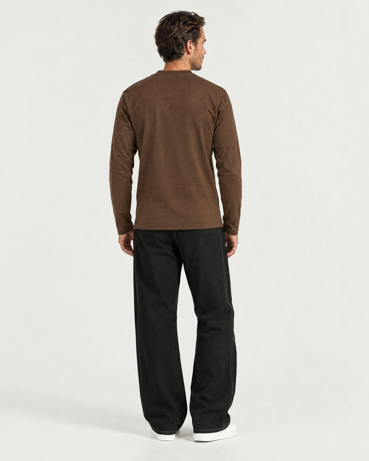 Romimi Mercerized Long Sleeve Tee in Chocolate, back view, worn