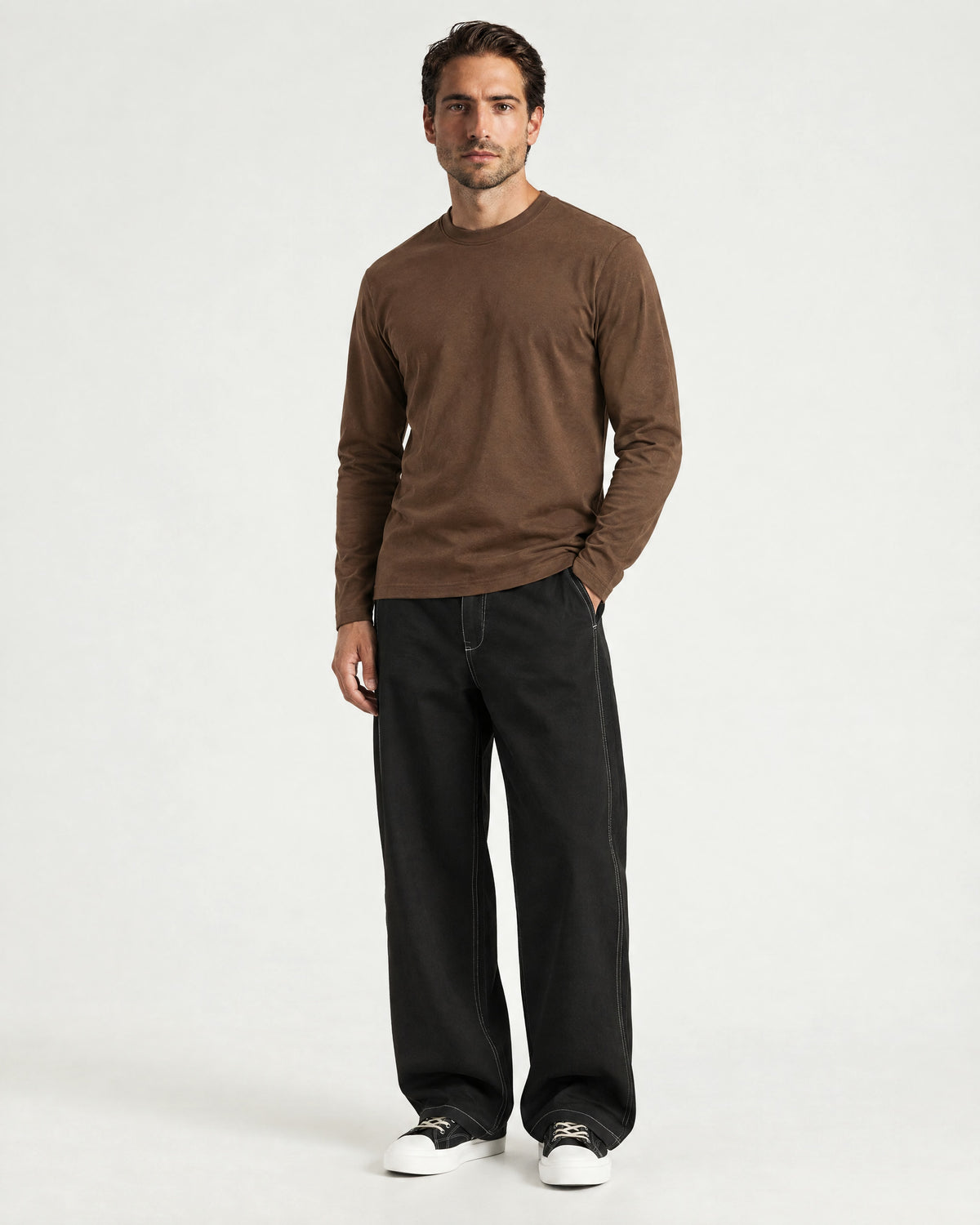 Romimi Mercerized Long Sleeve Tee in Chocolate, worn