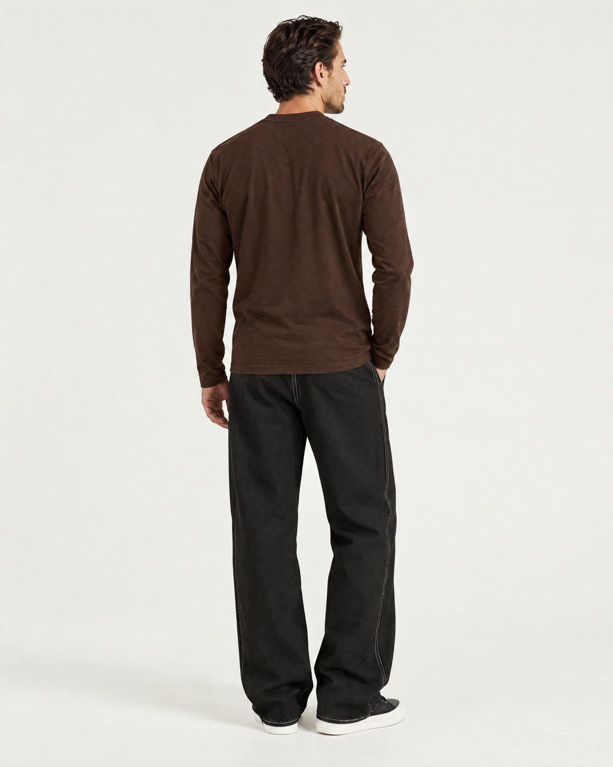 Romimi Mercerized Long Sleeve Tee in Dark Brown, back view, worn