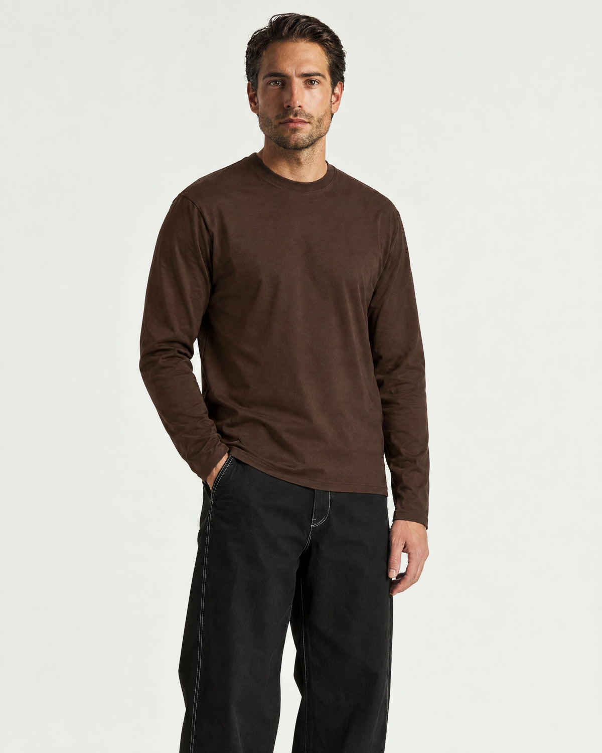 Romimi Mercerized Long Sleeve Tee in Dark Brown, worn
