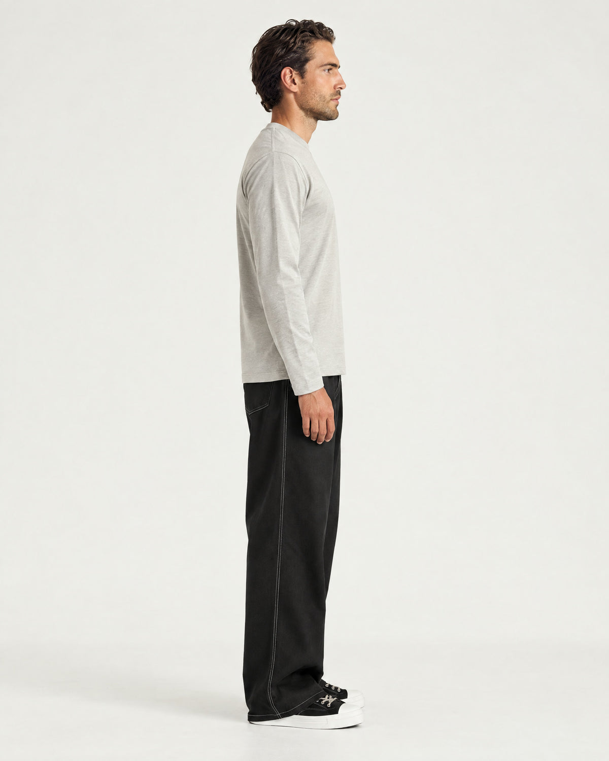 Romimi Mercerized Long Sleeve Tee in Light Grey, side view, worn