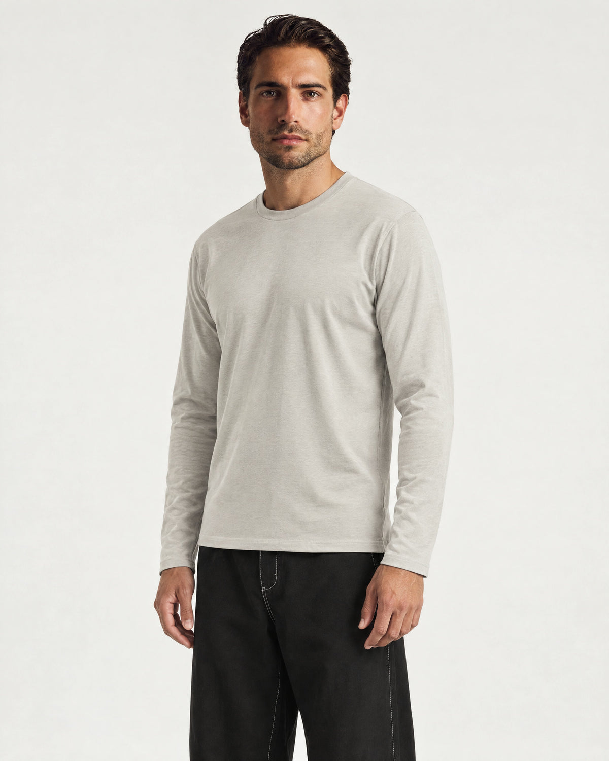 Romimi Mercerized Long Sleeve Tee in Light Grey, worn