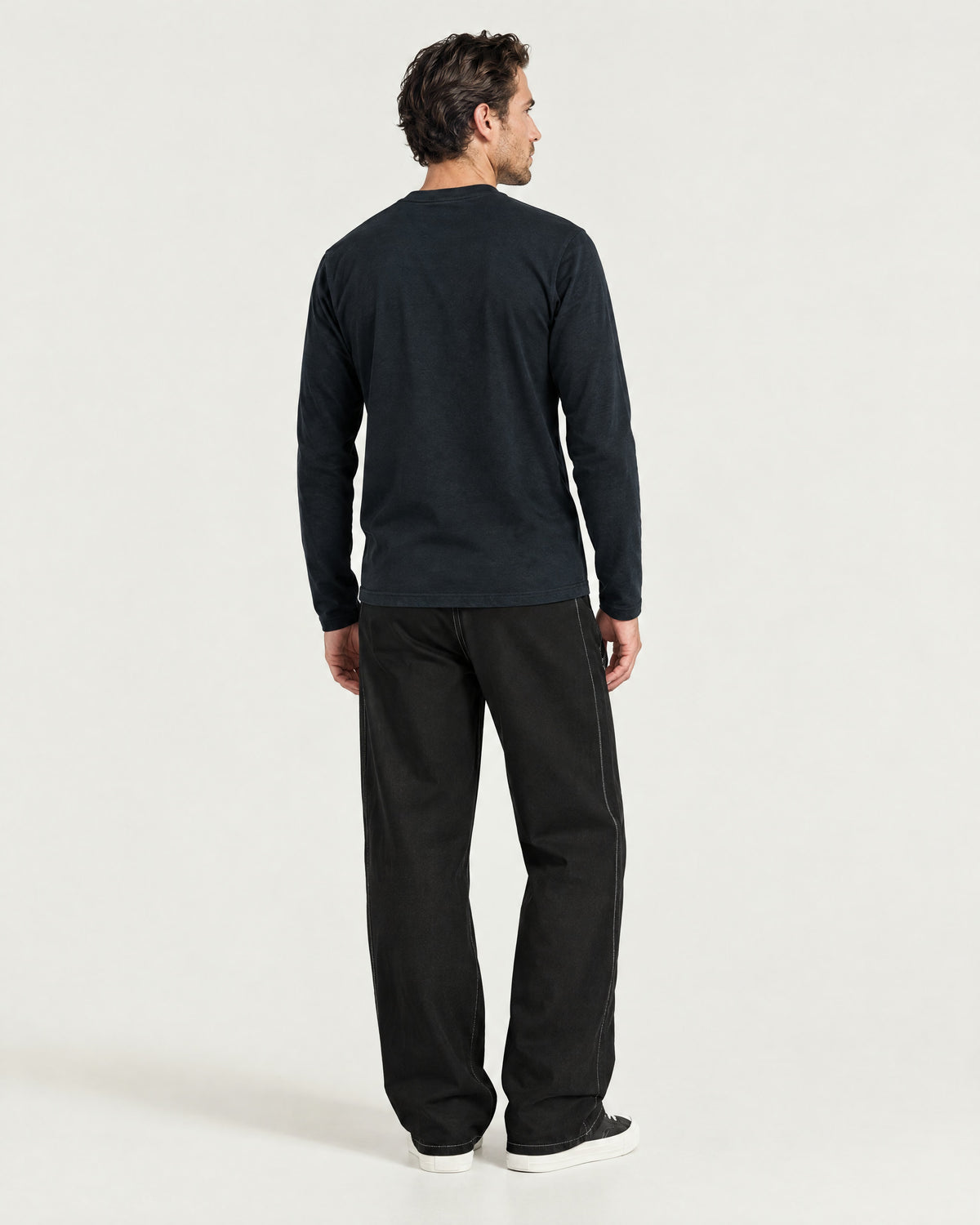 Romimi Mercerized Long Sleeve Tee in Navy, back view, worn