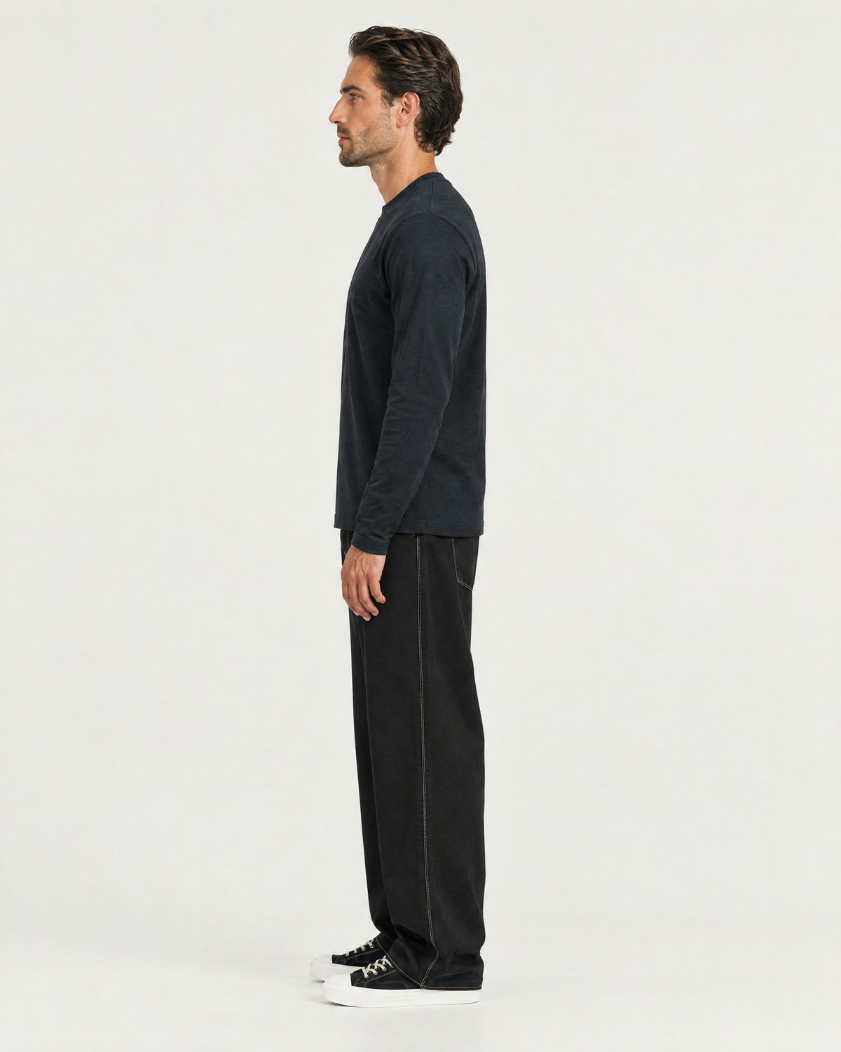 Romimi Mercerized Long Sleeve Tee in Navy, side view, worn