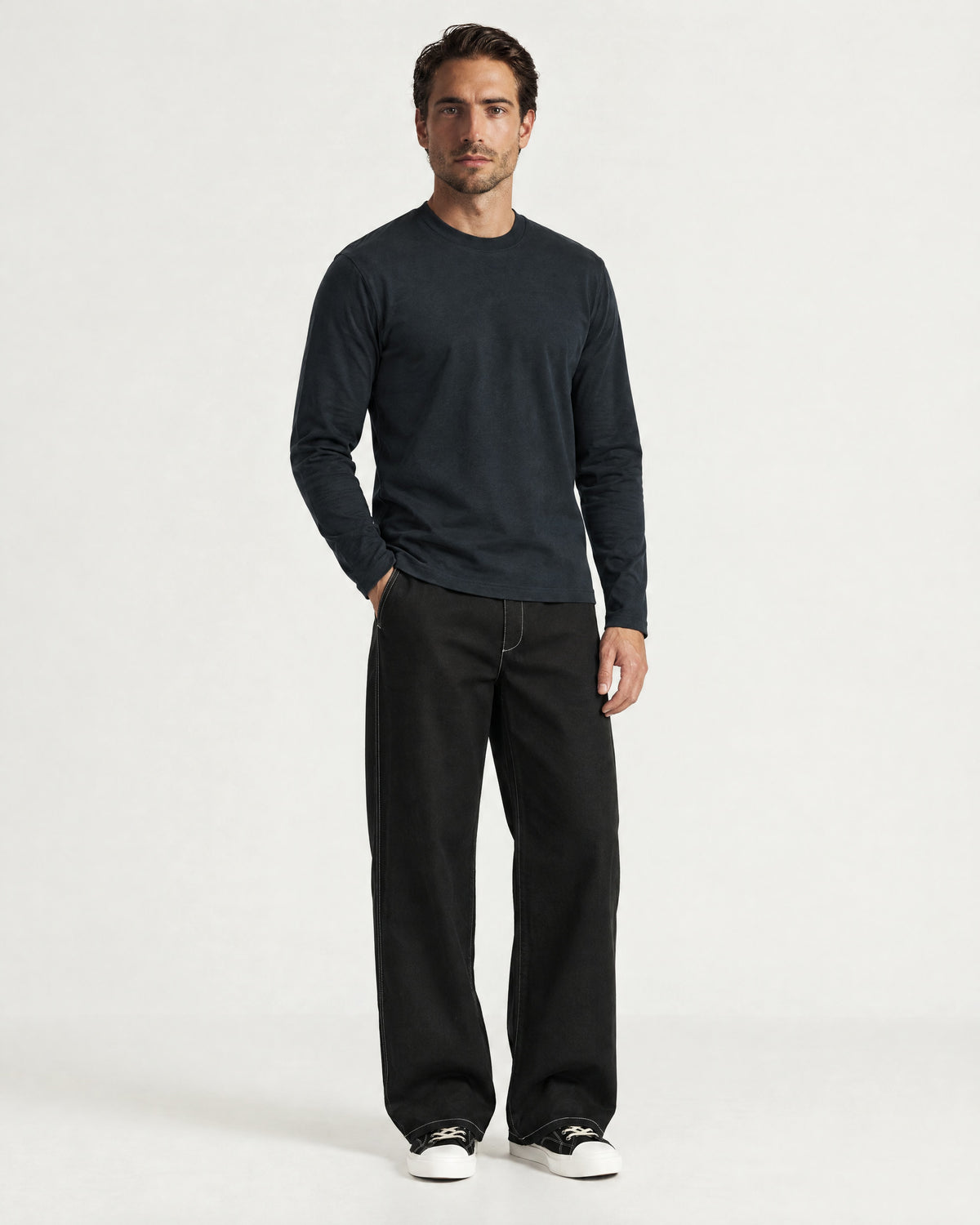 Romimi Mercerized Long Sleeve Tee in Navy, worn