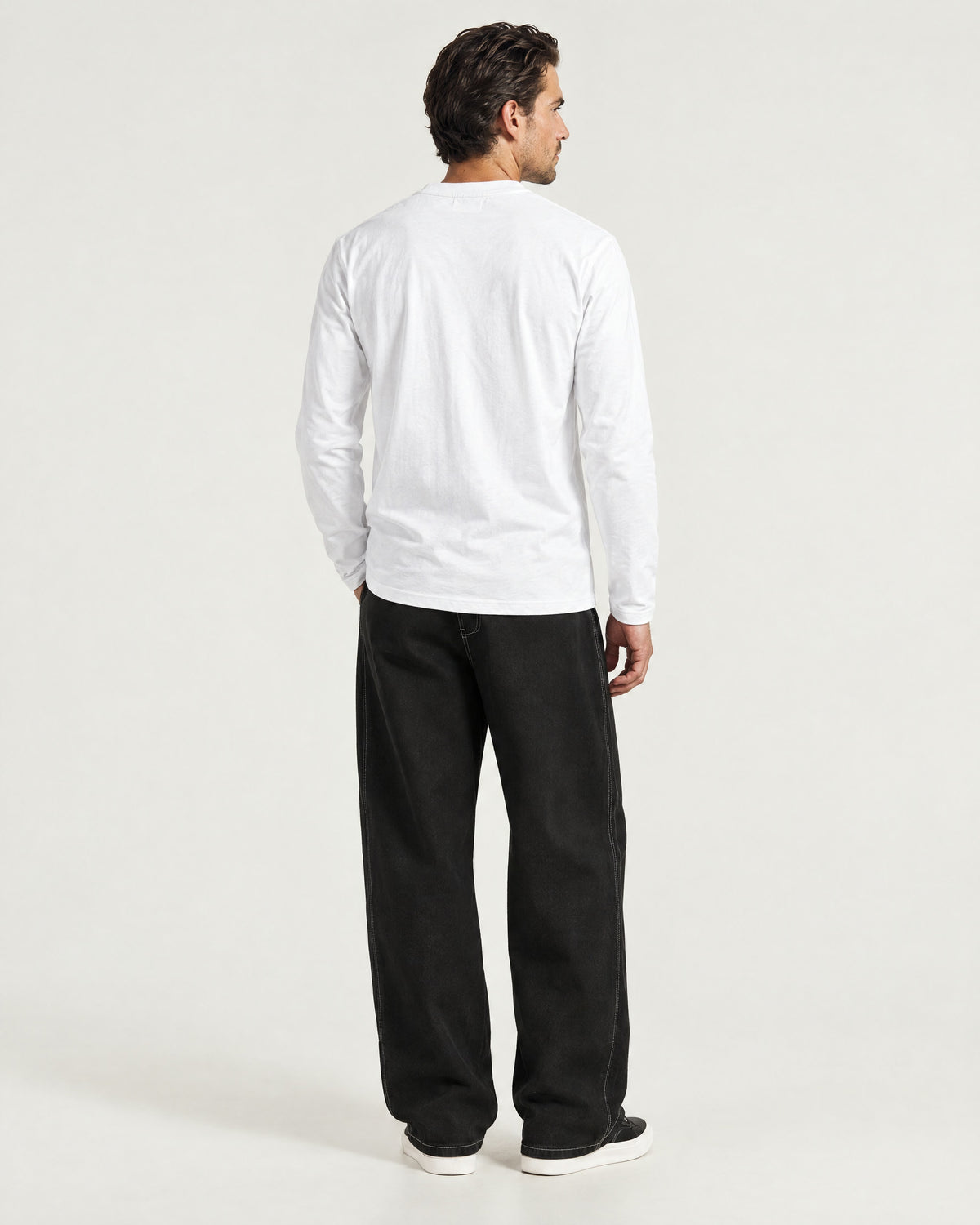 Romimi Mercerized Long Sleeve Tee in White, back view, worn