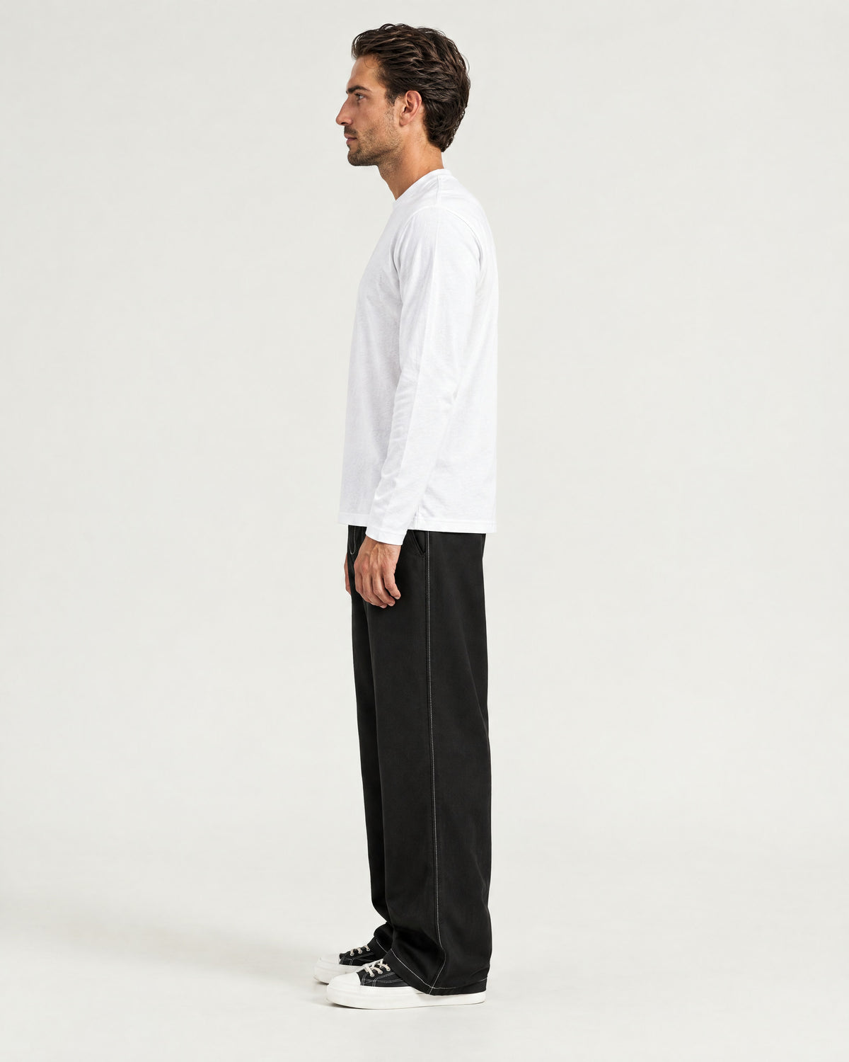 Romimi Mercerized Long Sleeve Tee in White, side view, worn