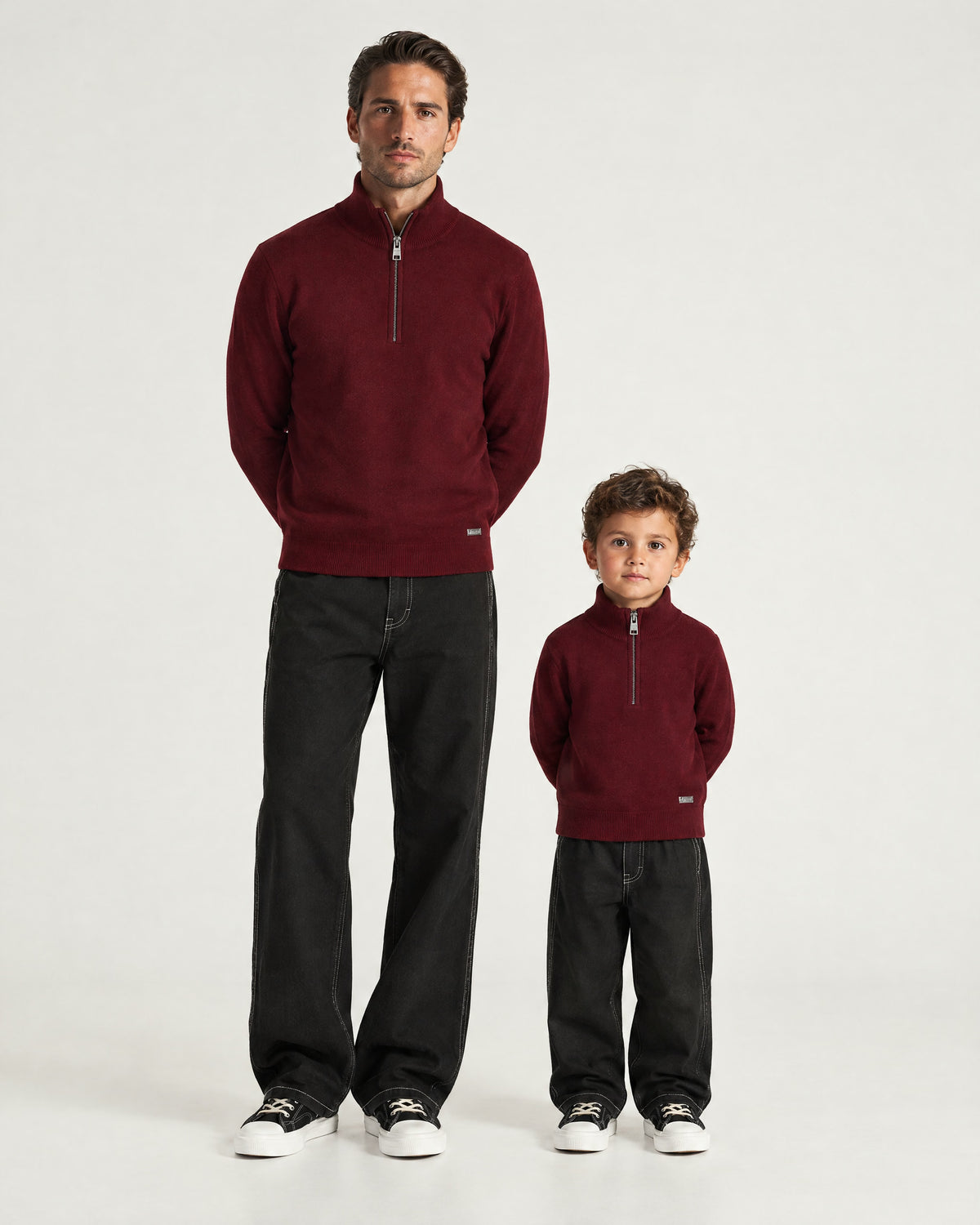 Father and son wearing the Romimi Merino Heritage Quarter-Zip