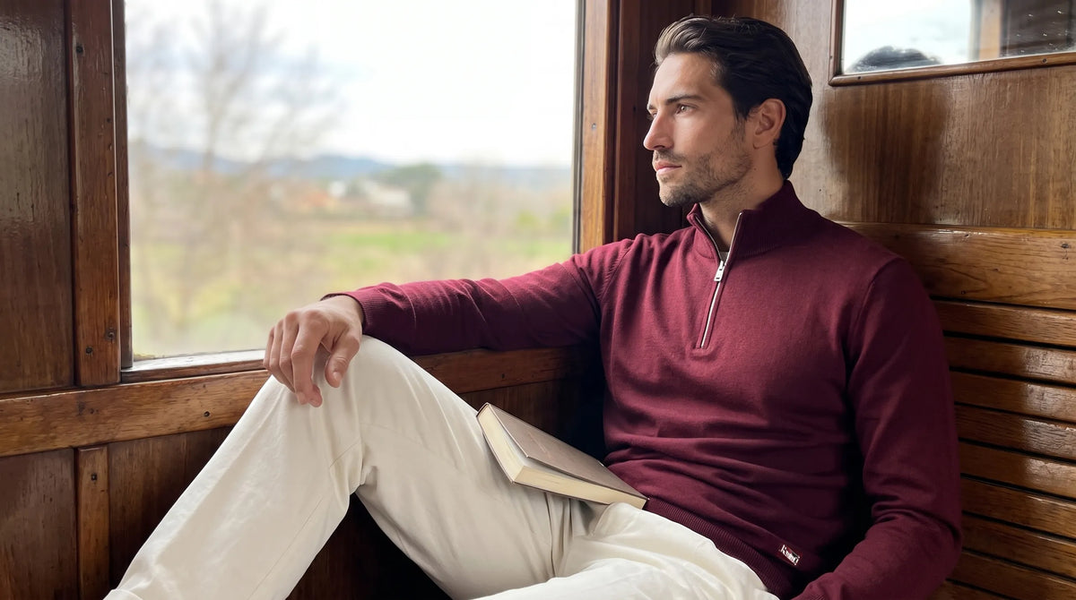 Man in the Romimi merino quarter-zip by a train window