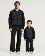 Father and son wearing the Romimi Padded Cardigan - Midnight Blue
