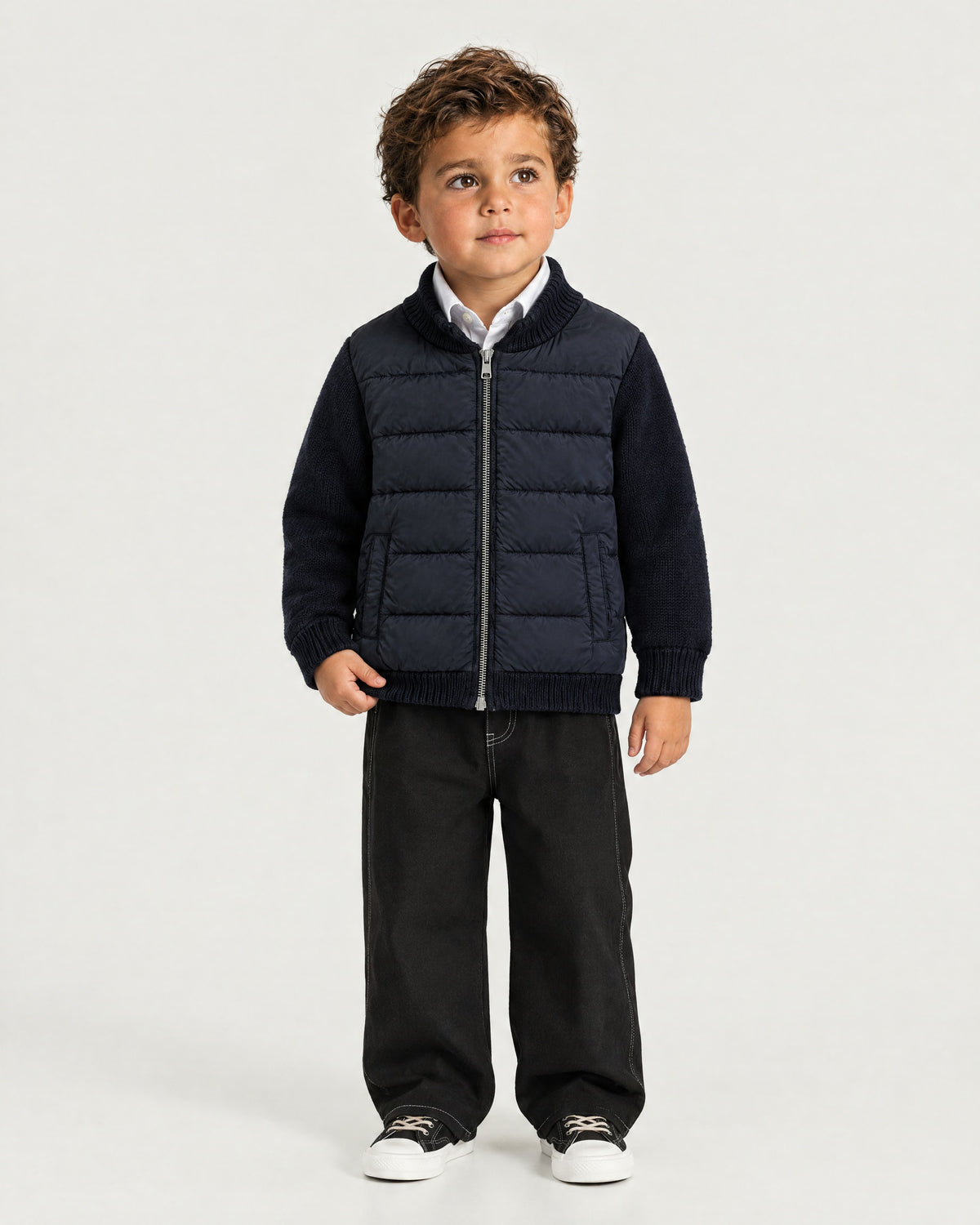 Little boy wearing the Romimi Padded Cardigan - Midnight Blue, front view