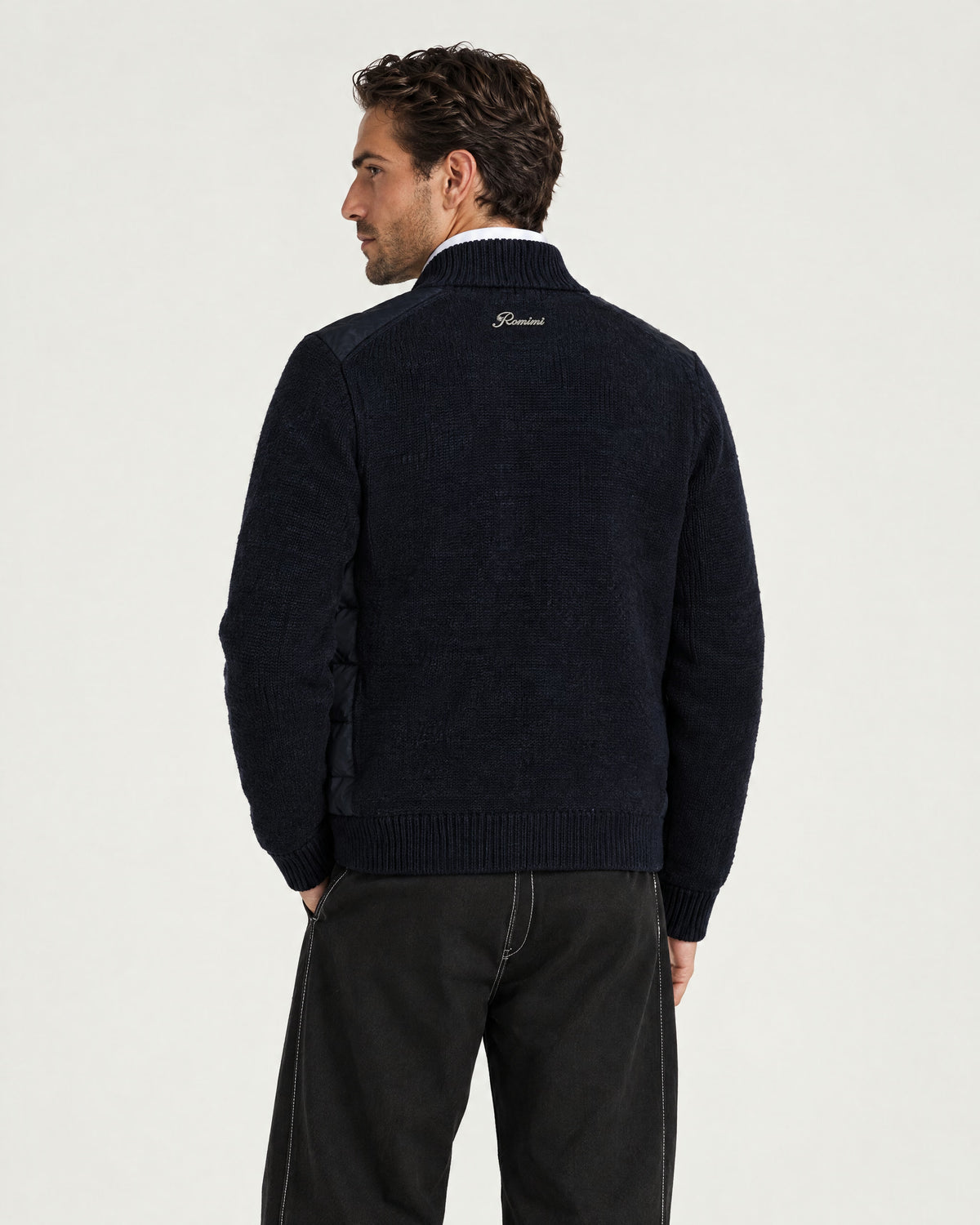 Man wearing the Romimi Padded Cardigan - Midnight Blue, back view