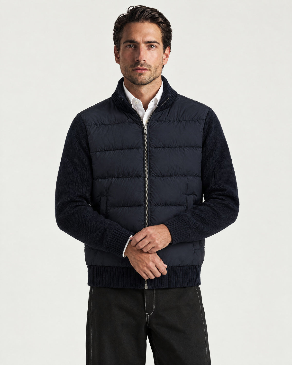 Man wearing the Romimi Padded Cardigan - Midnight Blue, front view