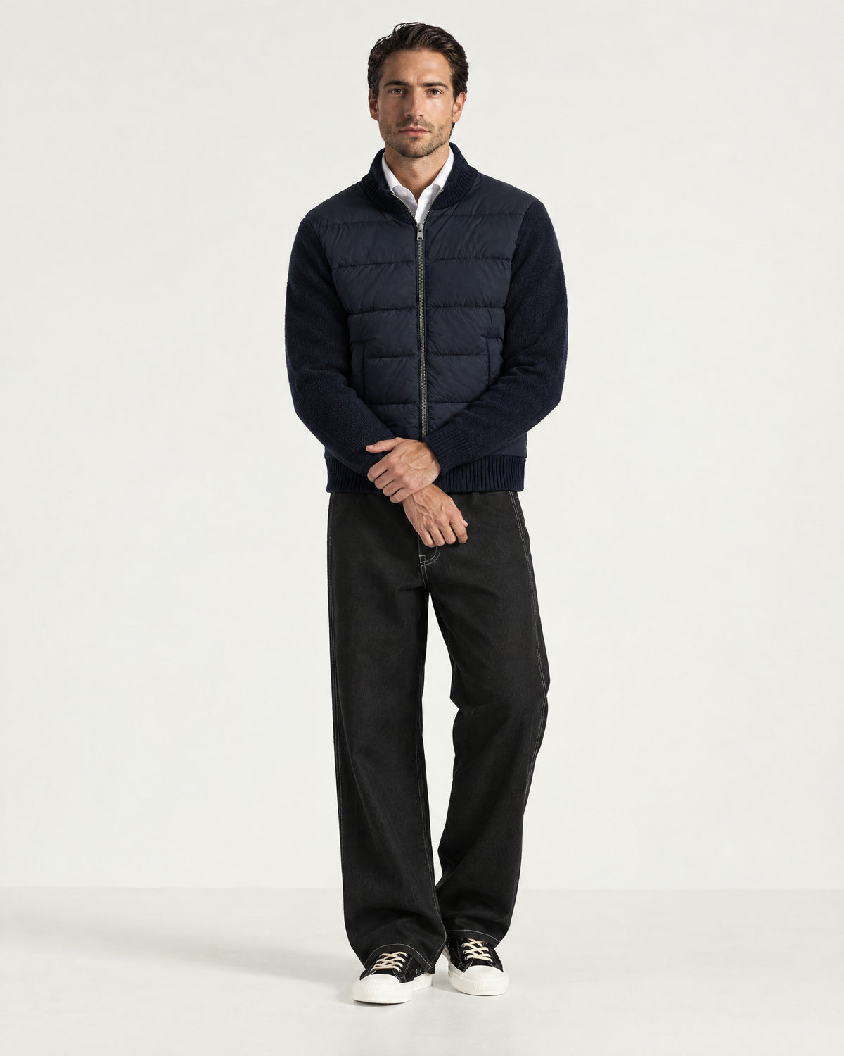Man wearing the Romimi Padded Cardigan - Midnight Blue, full length
