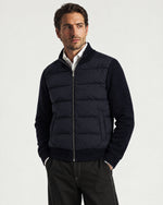 Man wearing the Romimi Padded Cardigan - Midnight Blue, three-quarter view