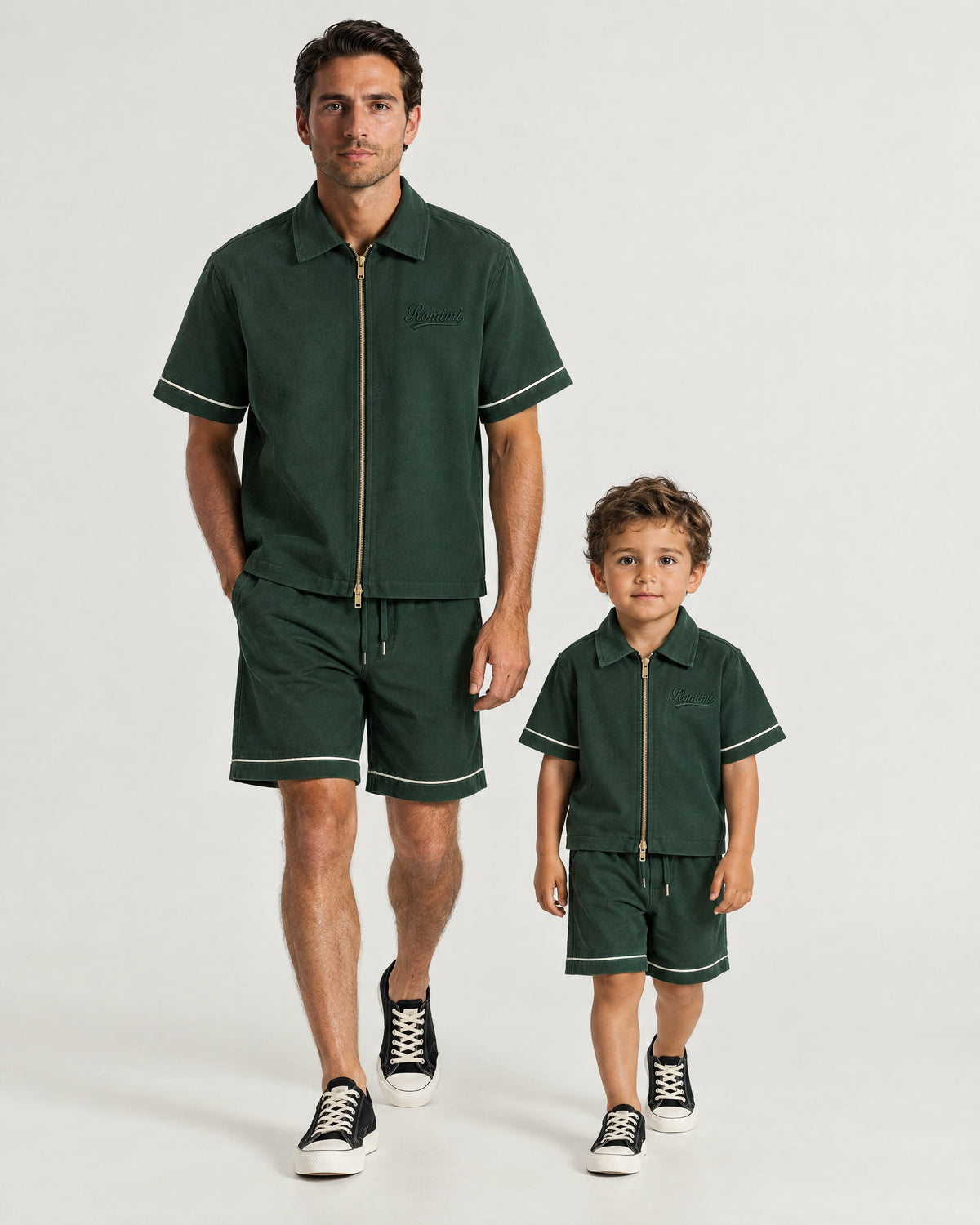 Father and son wearing the Romimi Paul Camp Collar Zip Shirt