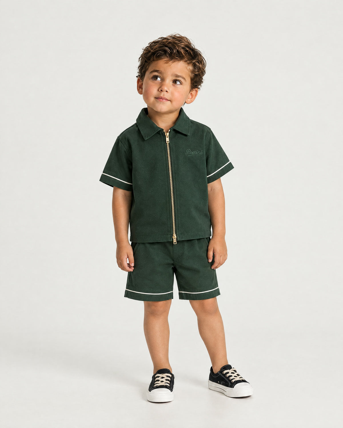 Little boy wearing the Romimi Paul Drawcord Shorts, full length