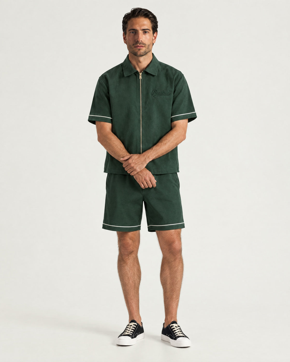 Man wearing the Romimi Paul Drawcord Shorts, front view
