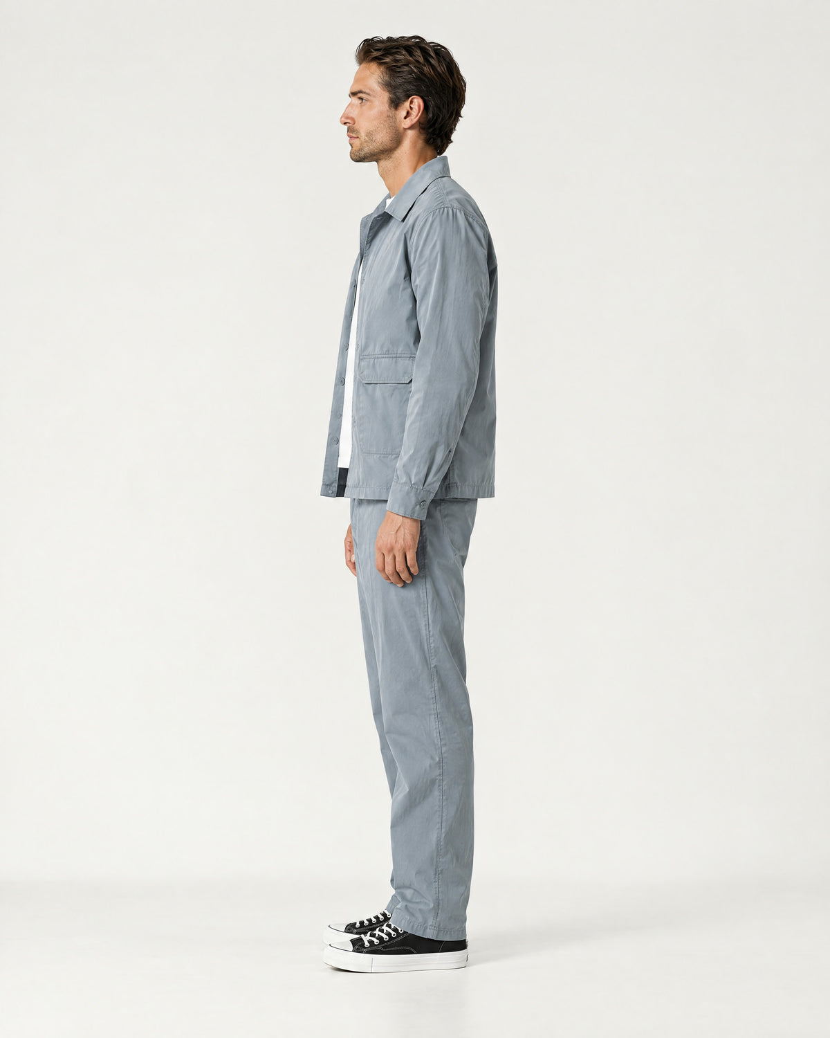 Romimi Relaxed Tech Suit in Sky Blue, side view, worn