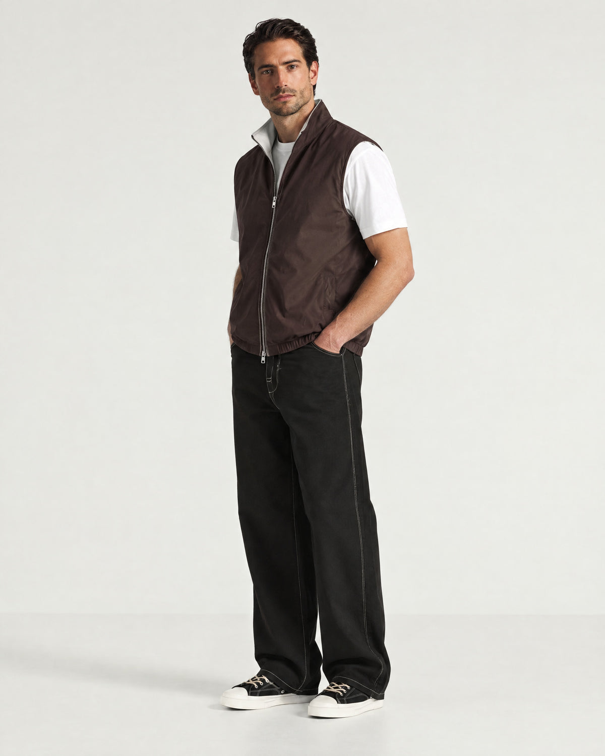 Romimi Reverso Gilet in Brown, full length, worn