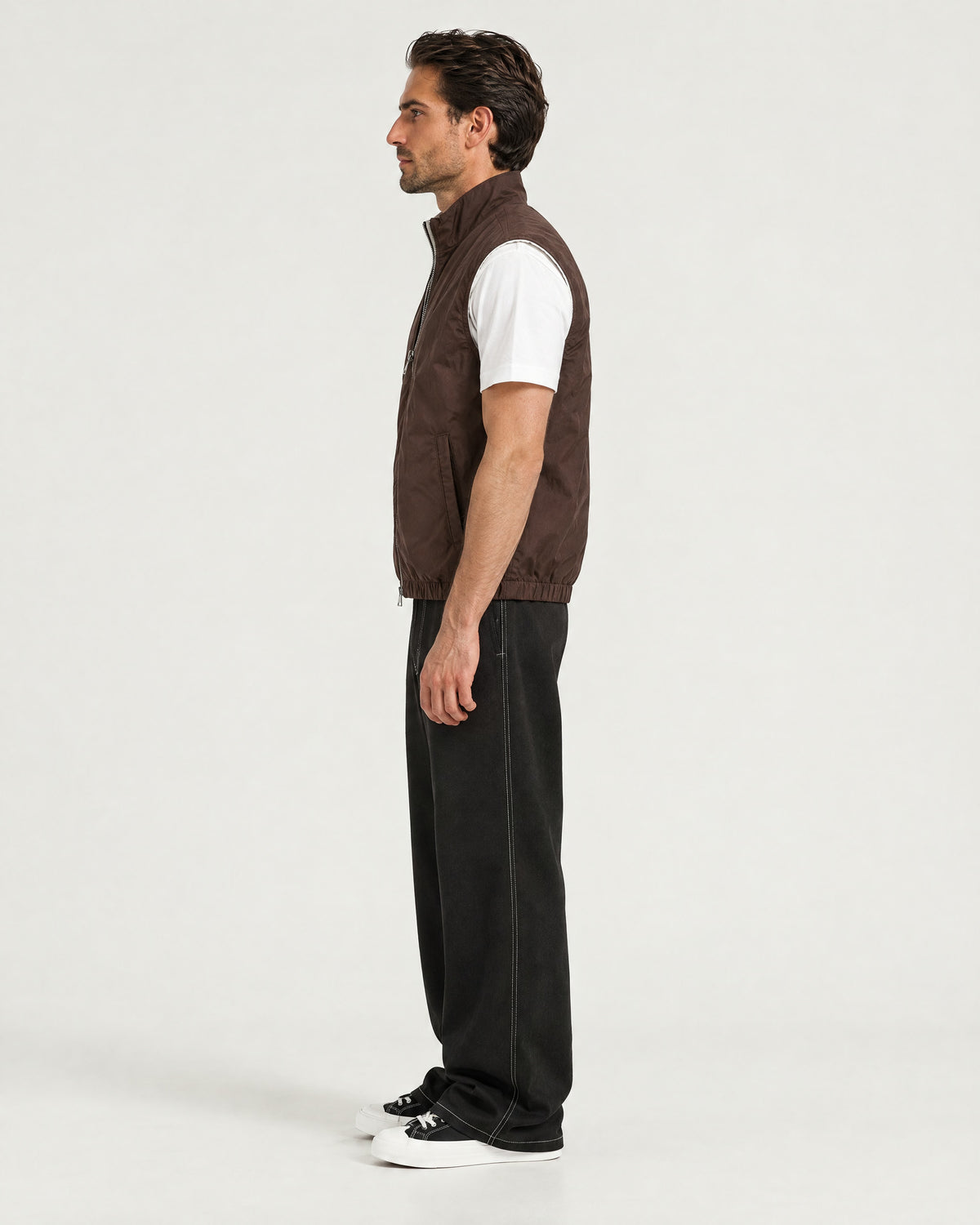 Romimi Reverso Gilet in Brown, side view, worn