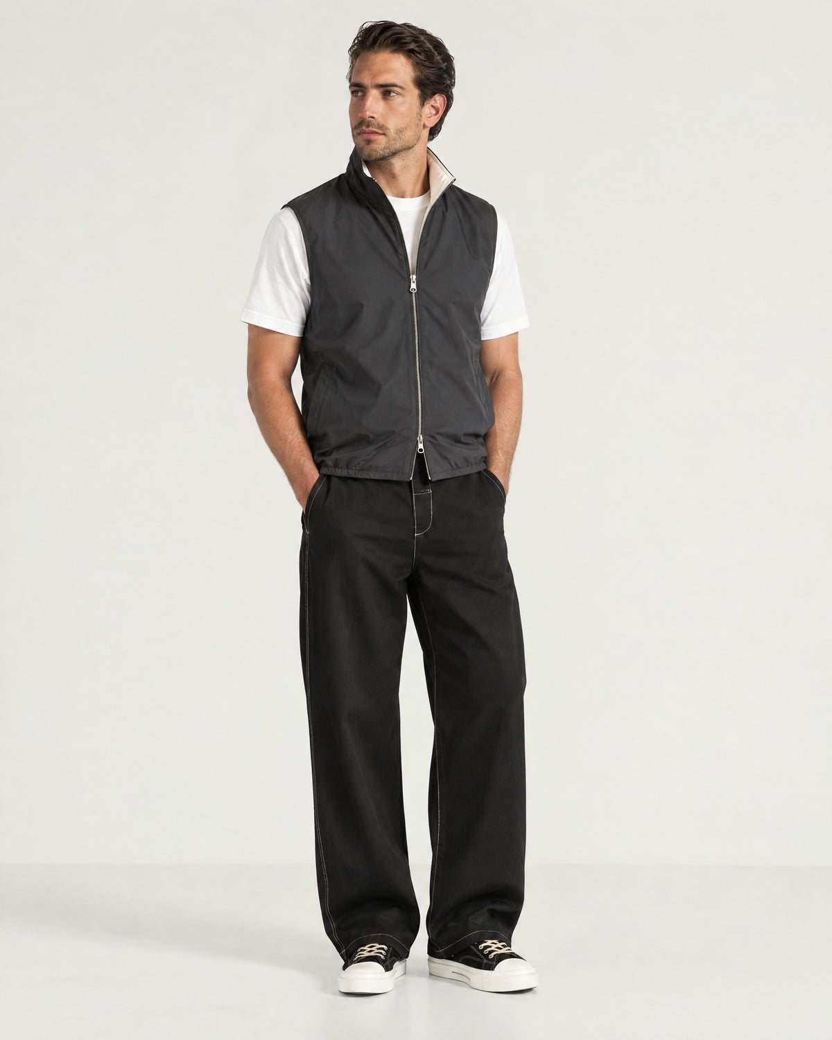 Romimi Reverso Gilet in Charcoal, full length, worn