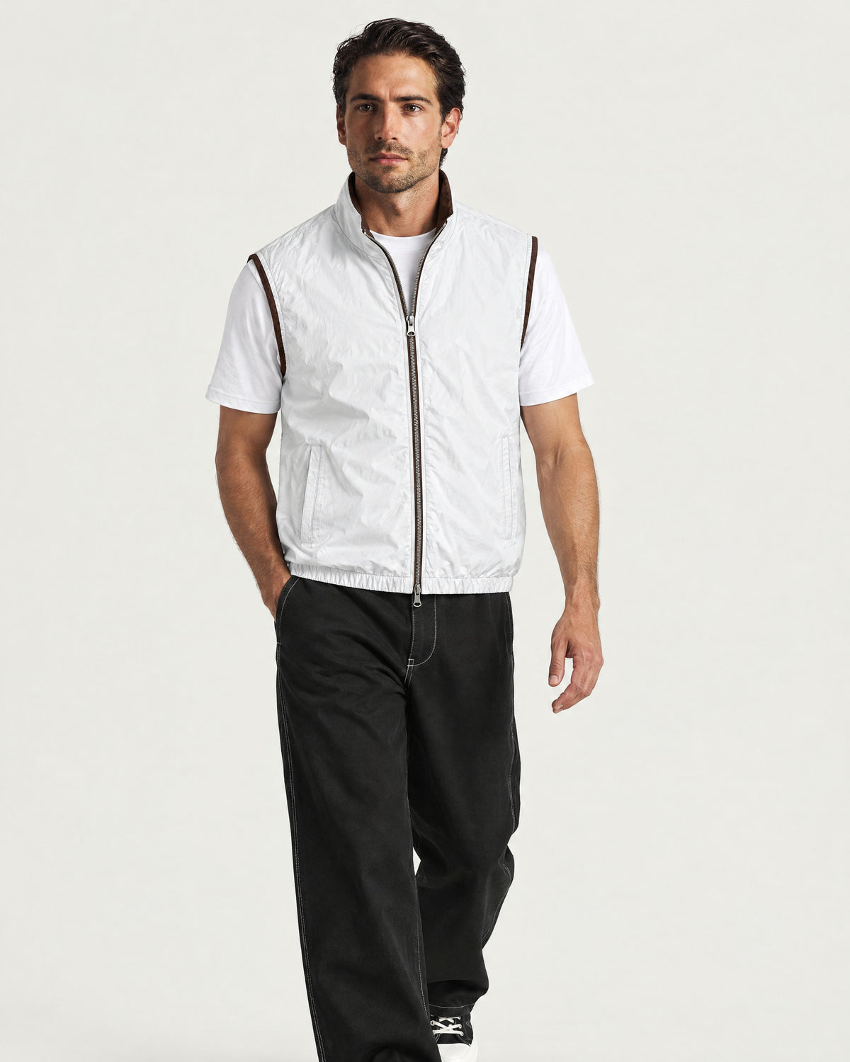 Romimi Reverso Gilet in Cream, reversible side, worn