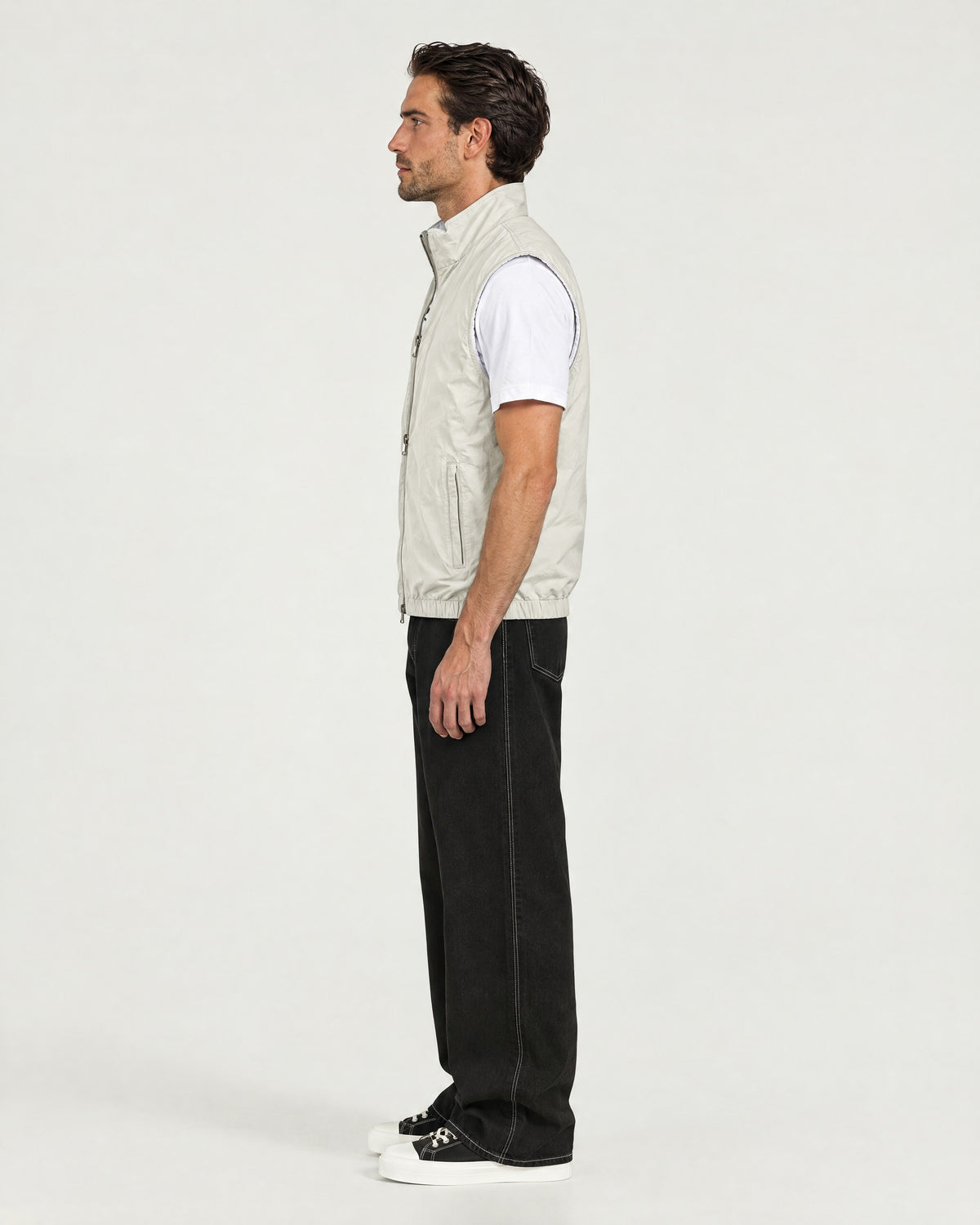 Romimi Reverso Gilet in Cream, side view, worn